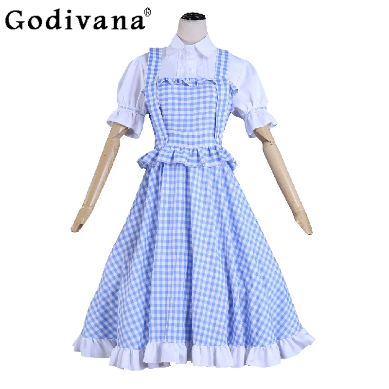 小さな女の子のための衣装ブルー格子ロリータ素朴なスタイルの女性のサマードレスフェスティバル制服ロールプレイングロングドレス