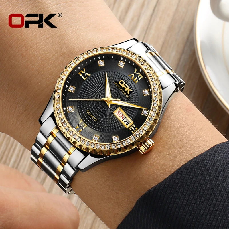 OPK brand steel band three-pin double calendar waterproof men's quartz watch 8113