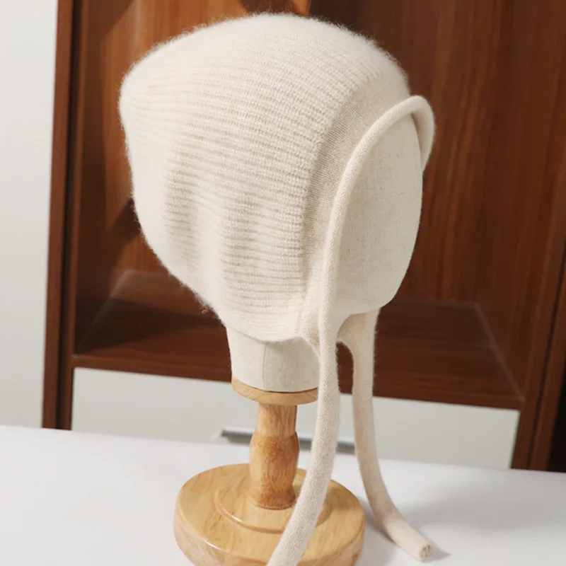 Adult warm Helmet Windproof Hat Ear Protection Winter Knit Beanies Solid Colors Wool Blend Cute Lovely Cap Beige Black Skullies