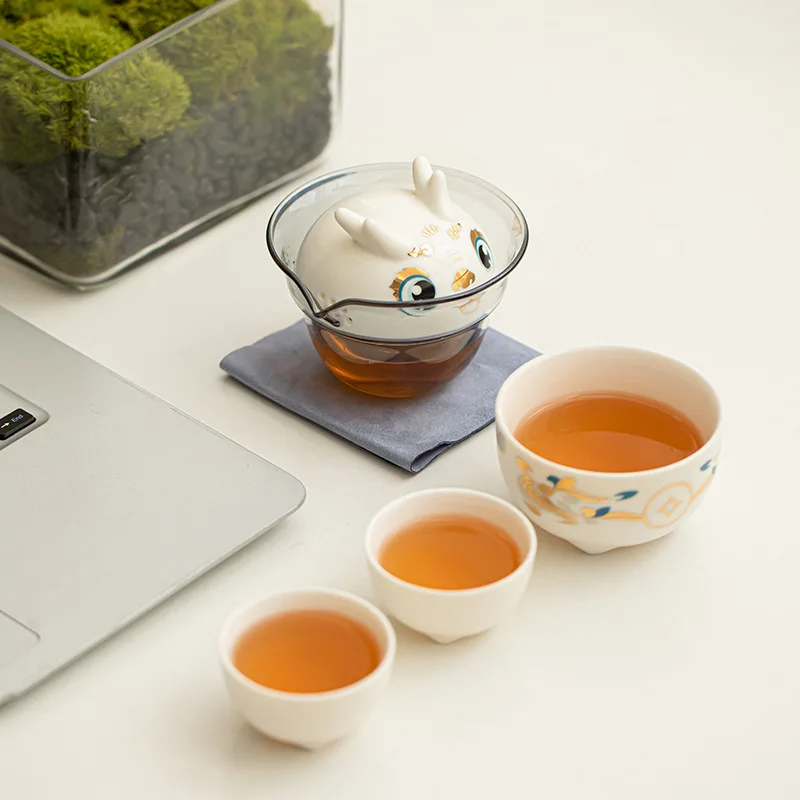 Cartoon Dragon Travel Tea Set One Pot Three Cups Outdoor Portable Simple Quick Tea Cup Creative Gift