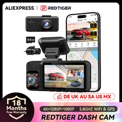 REDTIGER F17 3 Channel Car Camera 4k Dash Camera for IR Night Vision Car Dvr for 5G WiFi Triple Car Cameras Built-in GPS WDR