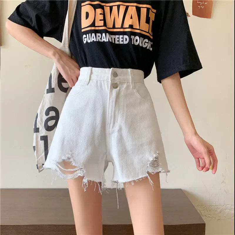 

Women's Denim Shorts New Summer High Waisted Wide-leg Shorts Girl's Korea Fashion A hole tassel White Sexy Jean Shorts for Women