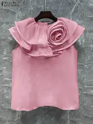 ZANZEA Elegant Fashion Ruffles Tanks Tops 2024 Summer Stylish Flower Patch Sleeveless T-shirts Casual Holiday Solid Color Camis