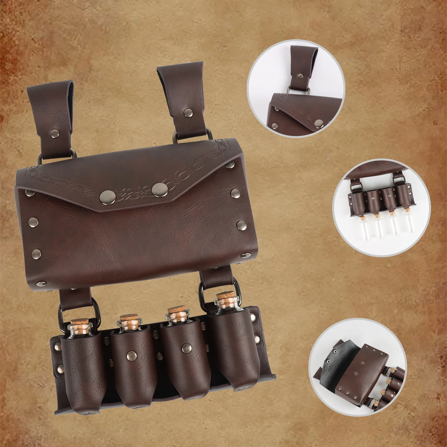

Medieval Renaissance Retro Viking Style Handsome Waist Bag with Cork Glass Bottle Halloween Viking Warrior Magician PU Waist Bag
