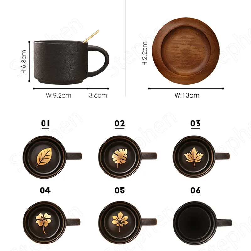 European Style Black Frosted Ceramic Coffee Cup with Wood Tray Cafe Restaurant Black Mugs Spoon Gold Decal Couple Cups Drinking