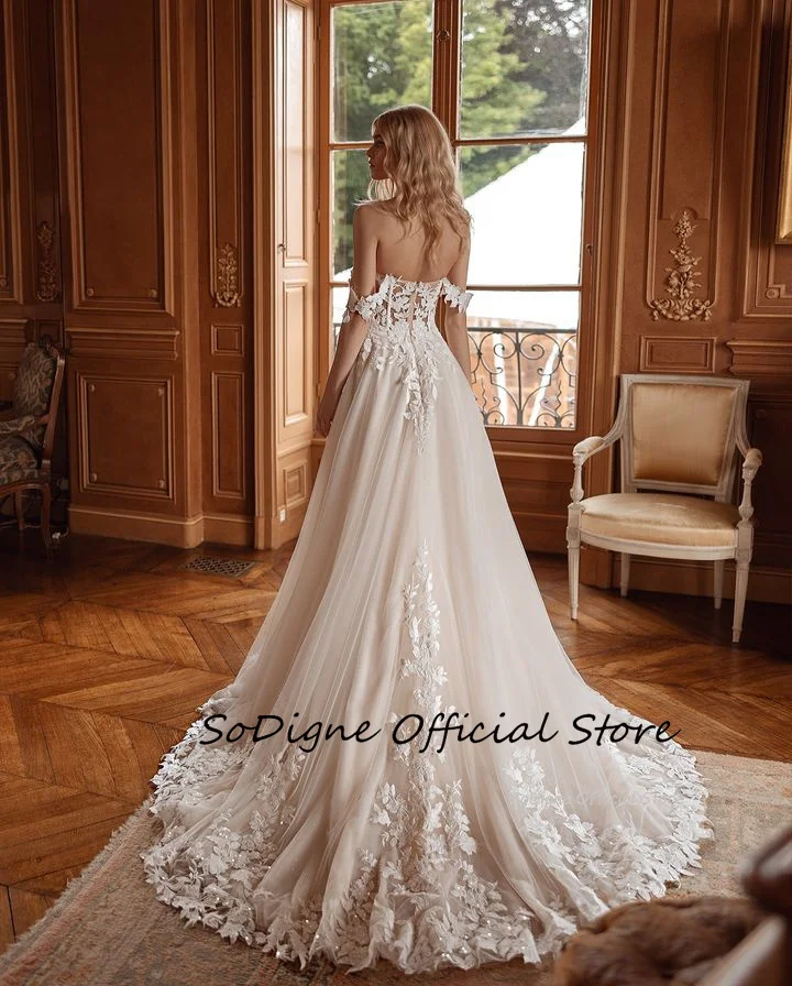 SoDigne A-line Off Shoulder Wedding Dresses Sweetheart Appliques Tulle Bridal Dress Long Boho Wedding Gown Custom Made ﻿