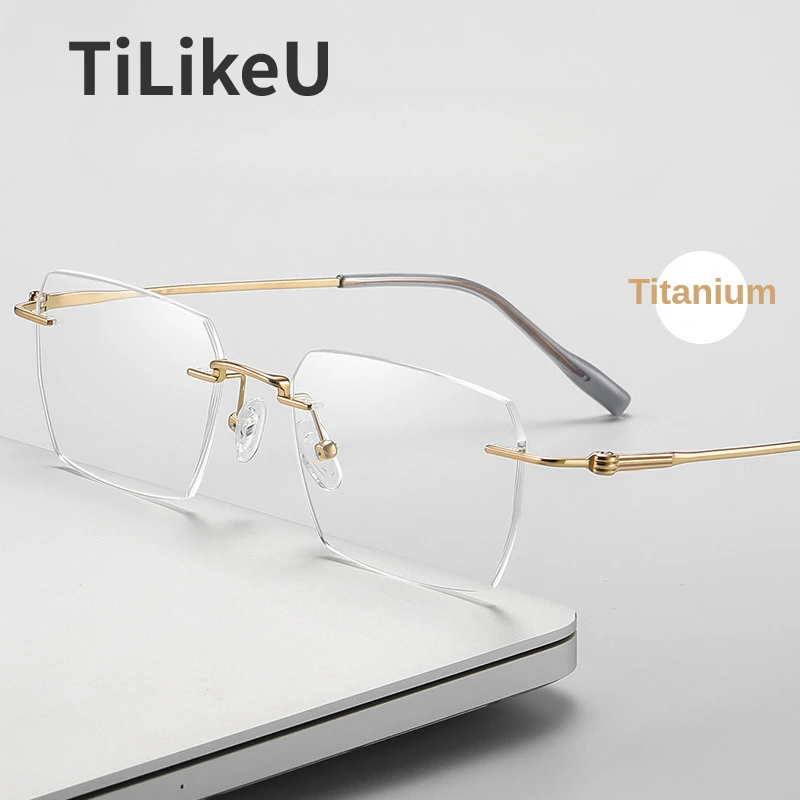 

New Business Gold Wire Rimless Glasses Luxury Pure Titanium Frames Men Women Retro Rectangle Prescription Blue Light Eye Glasses