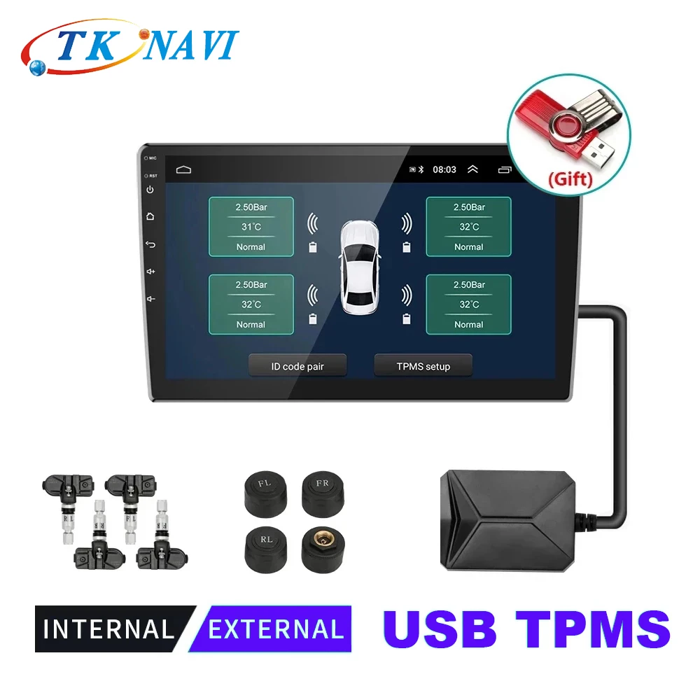 

Система контроля давления в шинах TPMS с USB, запасной внутренний и внешний датчик давления в шинах для автомобиля, радио, DVD-плеера