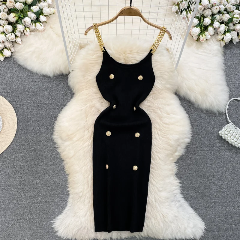 Sexy Sleeveless Elastic  Knit Bodycon  Dress  Sexy Chic Vestidos Women Summer Slim Women Chain Slip Dress