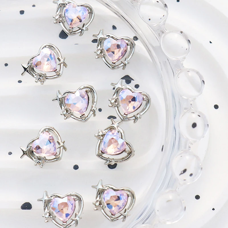 10PCS Love Heart Nail Art Charms Luxury Diamond Crystal Glitter Hallow Heart Rhinestones Alloy Nail Gems Manicure Decor Salon