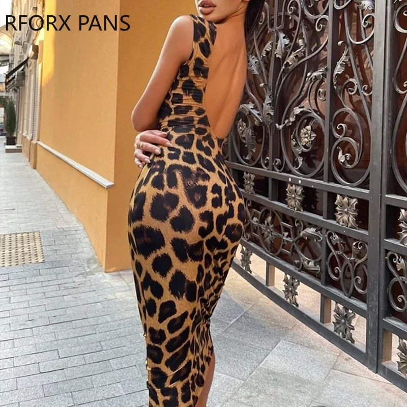 Women Chic Skinny Leopard Tank Bodycon Dress Midi Party Sexy Dress