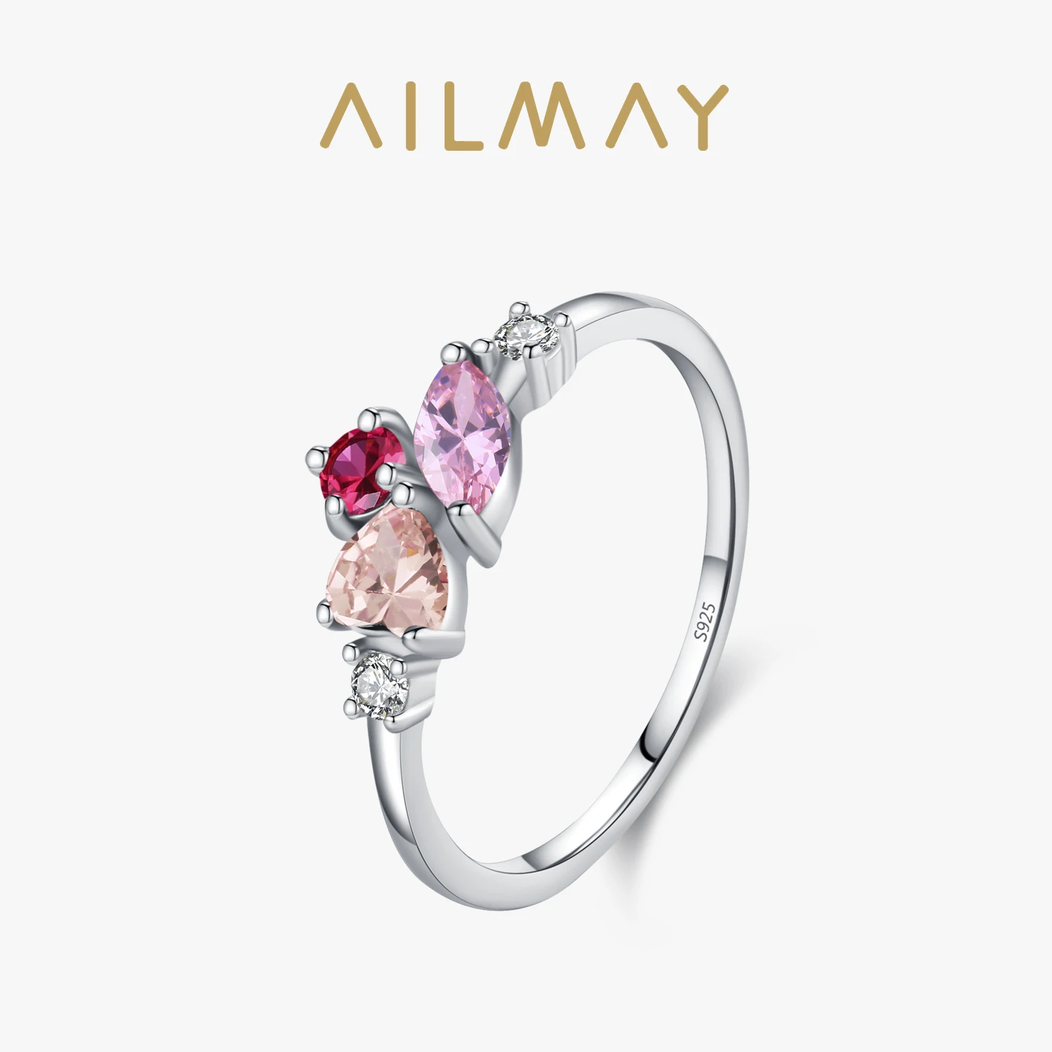 Ailmay 925 Sterling Silver Colorful Heart-Shaped Geometric Zircon Ring For Women New Model Fine Jewelry Wedding Gift