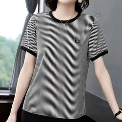 Summer New Striped Short Sleeve T Shirt Round Neck Loose Patchwork Plus Size Pullovers Top Fashion Casual Women Clothing