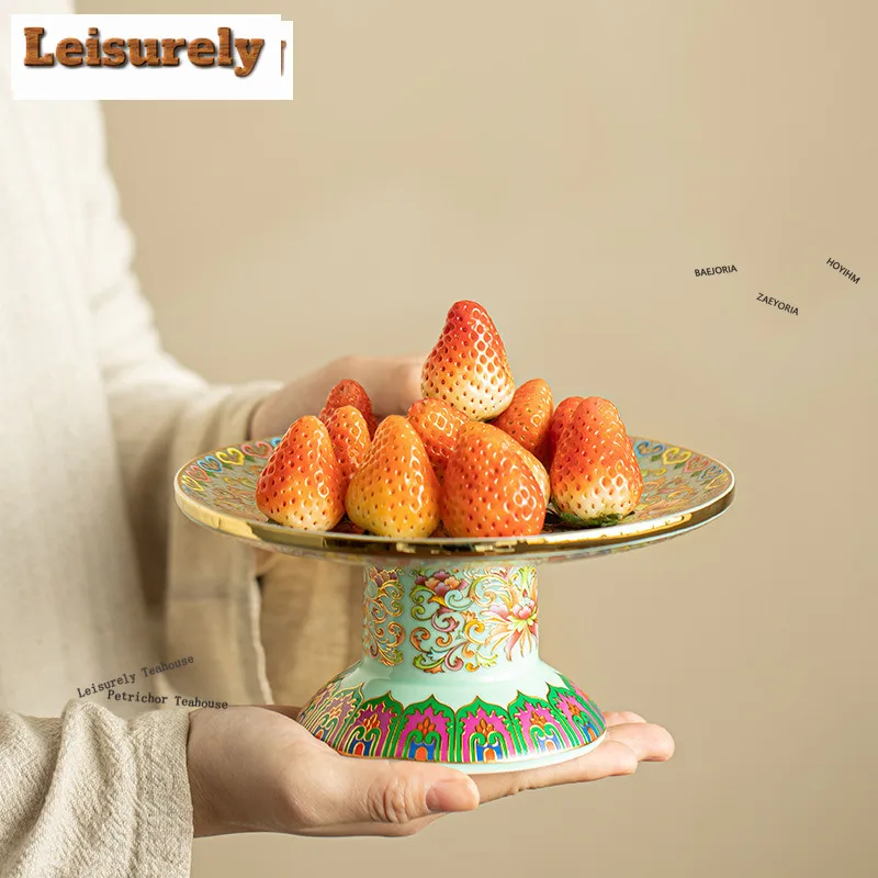 HOYIHM Handmade Enamel Color Ceramic High Foot Tea Tray Pot Bearing Holder Living Room Home Table Fruit Snack Appetizer Serving