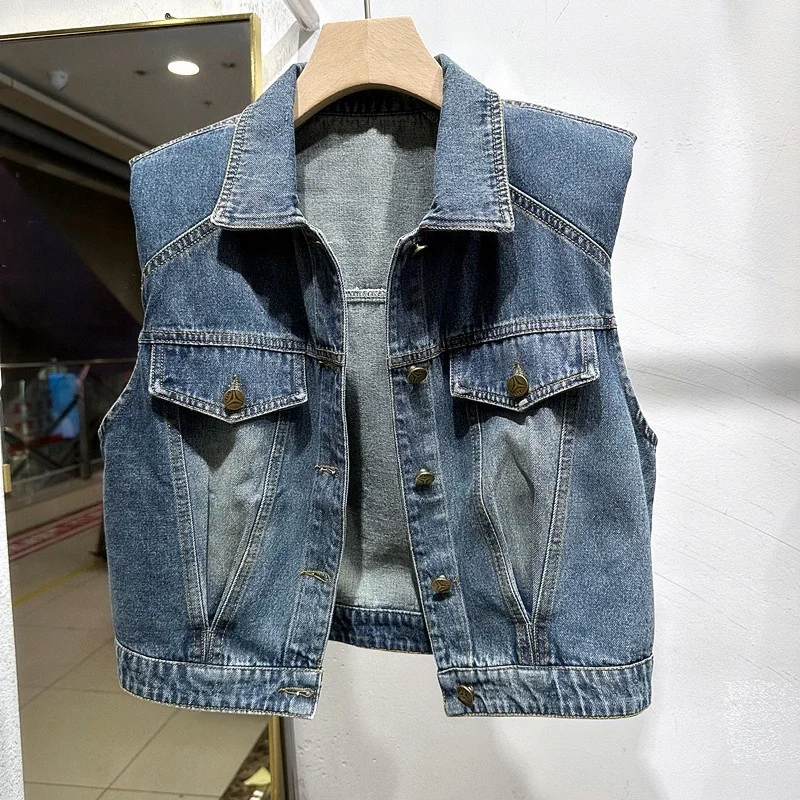 Early Autumn 2026 Women's Short Vest Loose Fit Slimming Shoulder Design Denim Sleeveless Top Casual Inner Wear Polyester Fiber