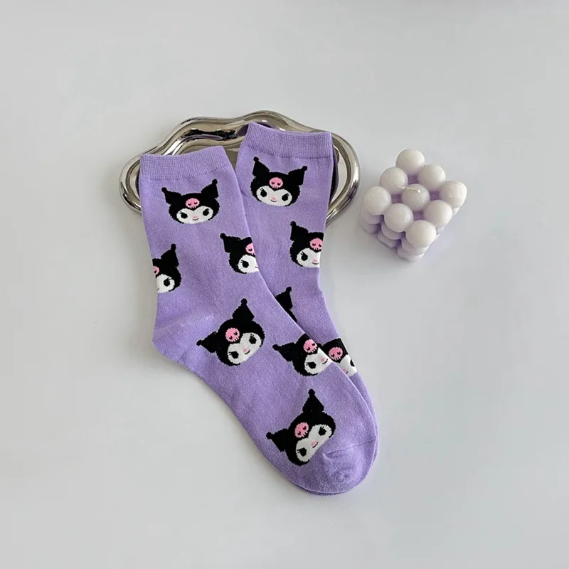 Preciosos calcetines Kuromi Kawaii Sanrio Anime algodón Midtube calcetines femeninos dibujos animados lindos niños media tendencia regalo para niños