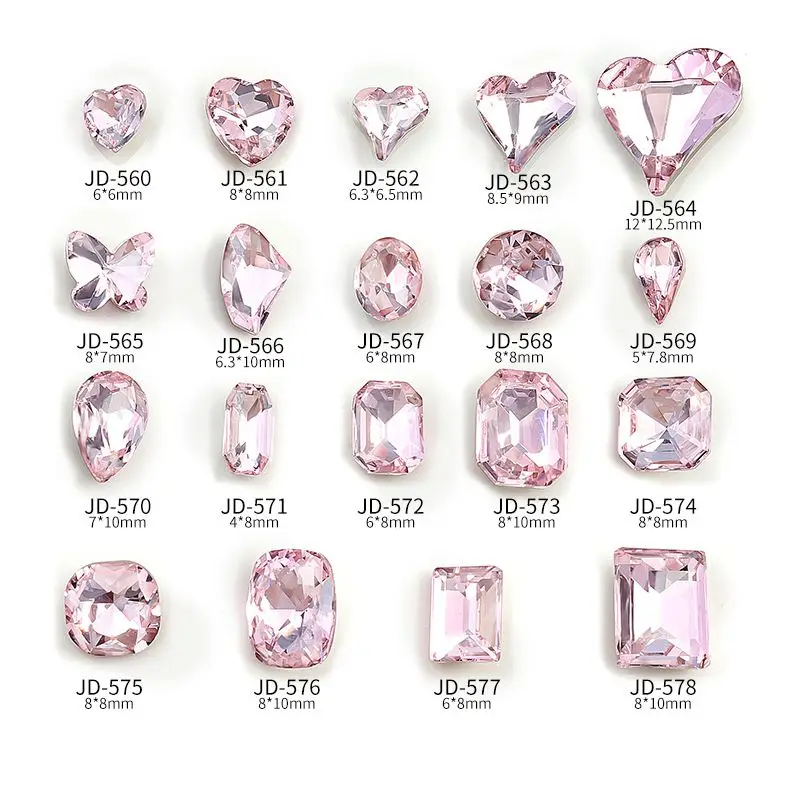 100pcs/lot Octagonal Heart Drop Pink Crystal Nail Art Parts Decorations Supplies Professionals Nails Accesorios Designs Charms