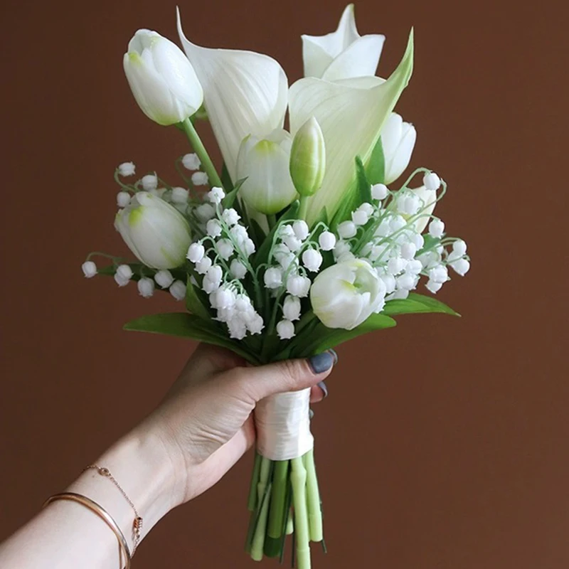 

5Pcs White Silk Artificial Calla Lily Tulip Wedding Bride Bouquet for Home Room Decorations DIY Craft Wreath Gifts Accessories