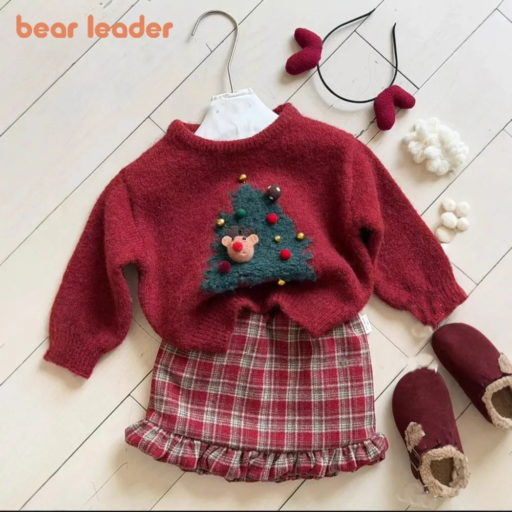 

Bear Leader Children's Clothing 2025 Winter Thick Long Sleeved Christmas Tree Printed Sweater+Plaid Skirt Red Girls Clothes