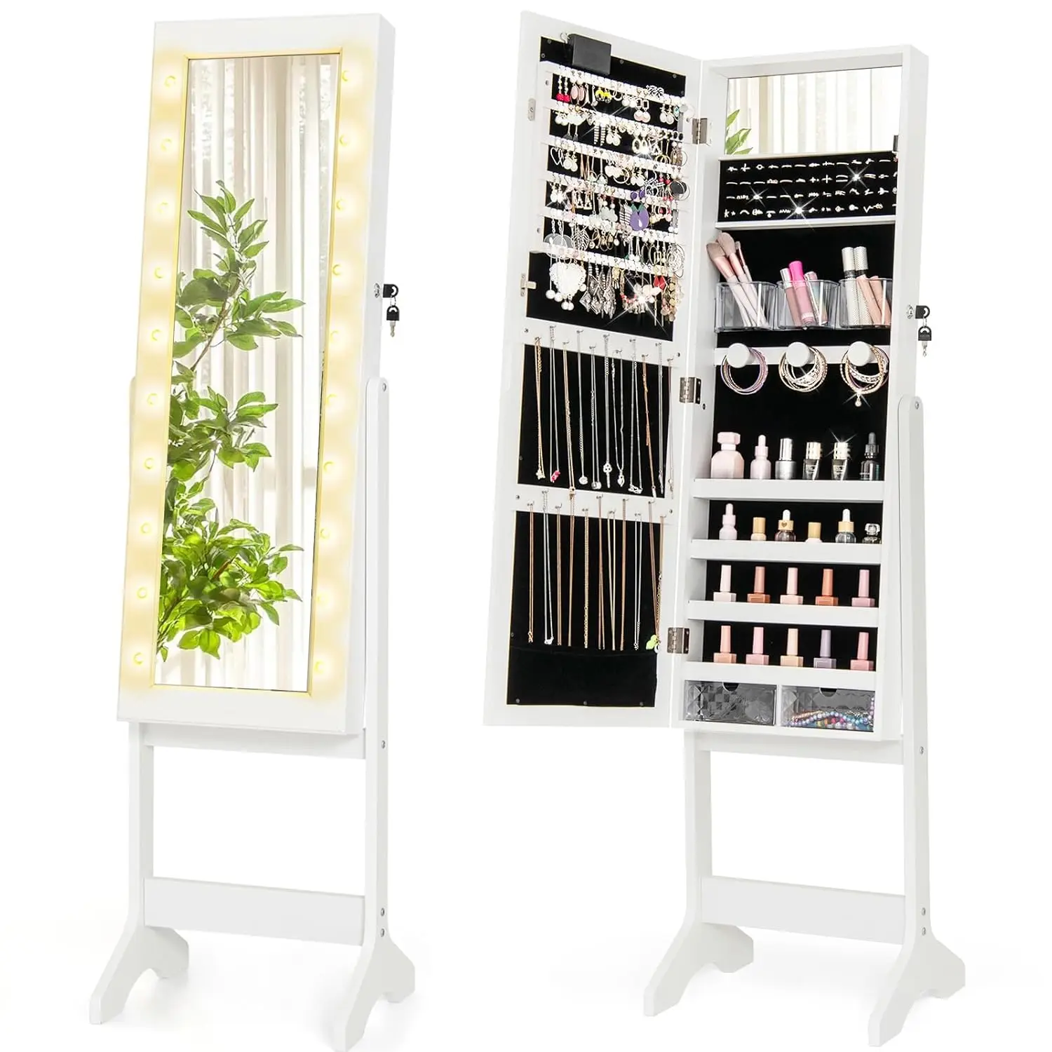 

Standing Jewelry Armoire with Lighted Full Length Mirror, Lockable Jewelry Cabinet Organizer with 20 LED Lights, Adjustable Tilt