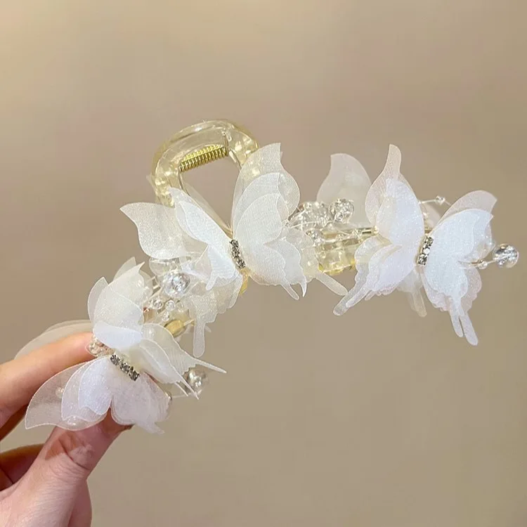 Hellblauer/rosa transparenter Schmetterlingsklauenclip | Pearl Rhinestone Fairycore Haargreifer | Eleganter romantischer Haarschmuck – Detail 4