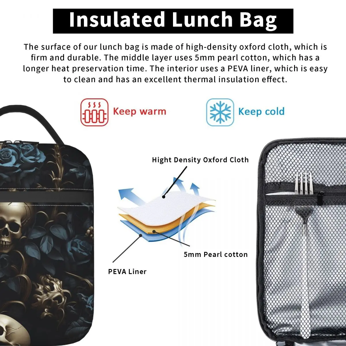 Horror Gothic Skeleton Death Skull Insulated Lunch Bag for Women Children Portable Food Boxes Thermal Lunch Box Tote