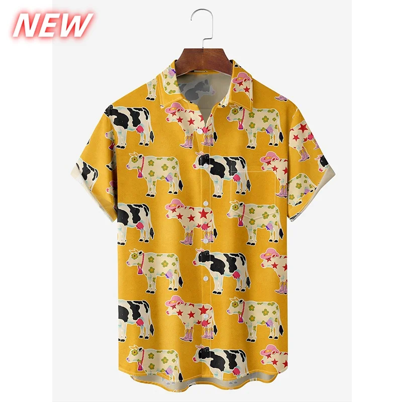 เสื้อฮาวายลายแมวและวัวน่ารักสำหรับผู้ชาย เสื้อพิมพ์ลายสัตว์ 3 มิติ เสื้อชายหาดลำลอง เสื้อ Aloha แขนสั้น เสื้อเชิ้ตปก