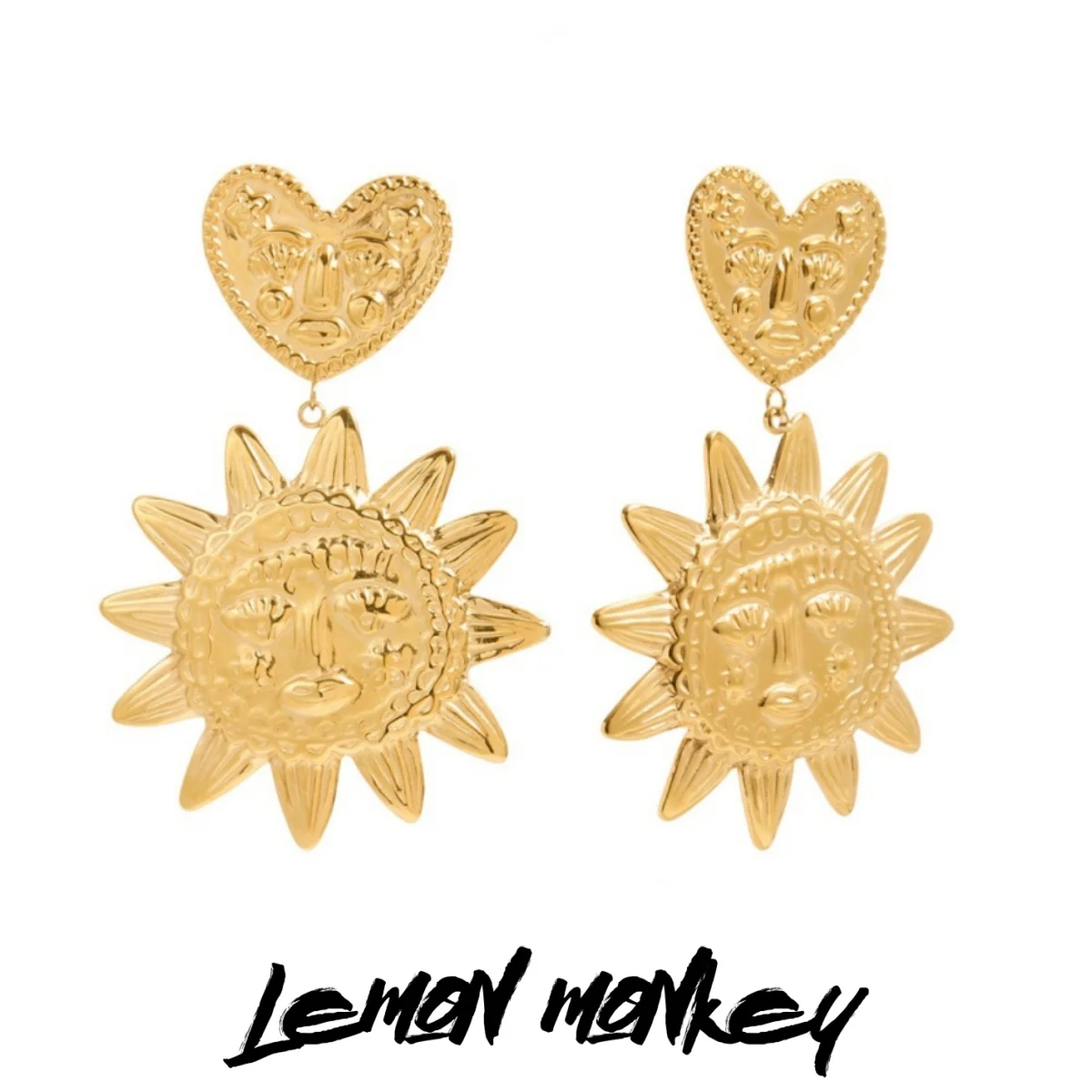 

Sun pendant ear stud, heart-shaped stainless steel, 18k gold-plated smiling face, non-fading electroplating for ladies