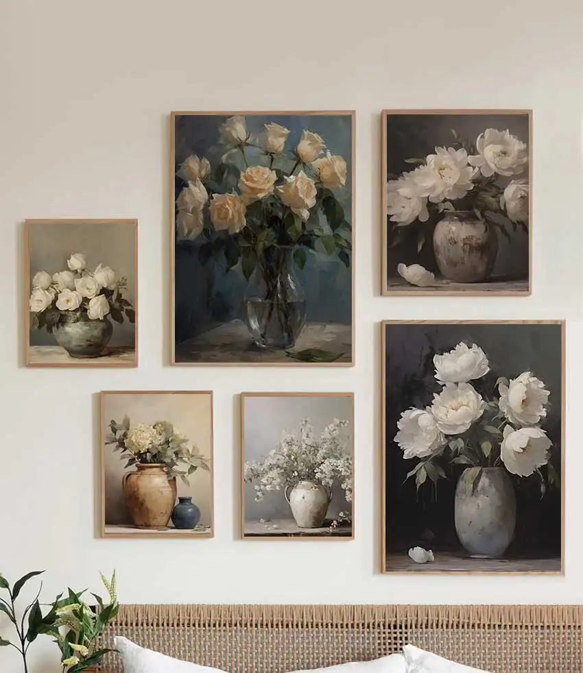 1 toile sans cadre, peinture de fleurs de printemps dans un vase vintage, pivoines et roses sombres, affiche d'art de nature morte vintage sur toile