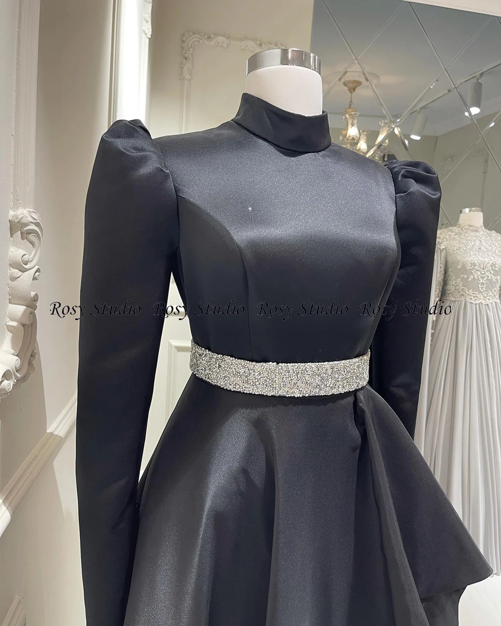 Elegante vestido de fiesta negro con cuentas, cuello alto, de noche, línea A, manga larga, Formal, boda