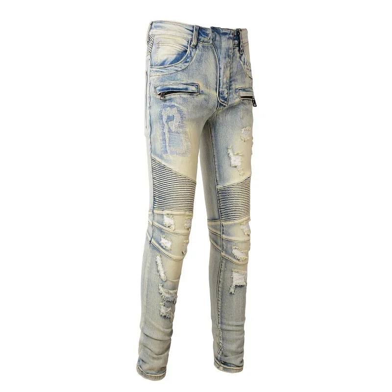 

Blue Distressed Motorbike Ribs Patchwork Zippers Skinny Ripped Jeans Pants Men