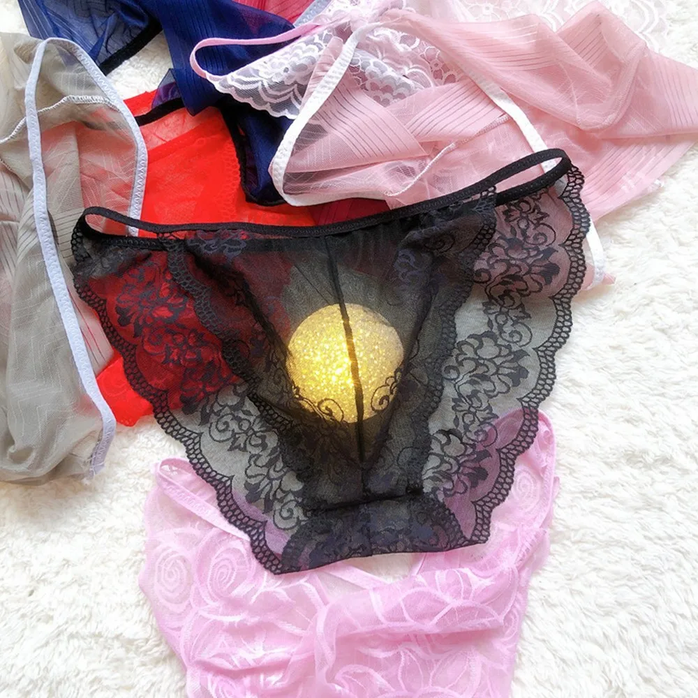 

Men's Panties Sexy Briefs Lace Underpants Mesh Shorts Sheer Bulge Pouch Bikini Thongs Thin Underwear Male Lingerie Color Random