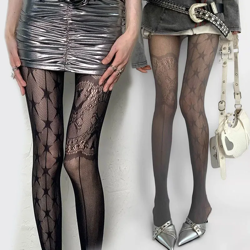 

Сексуальные сетчатые чулки в сетку с рисунком, ажурные женские колготки AB Design с принтом пятиконечной звезды, тонкие кружевные колготки в стиле панк