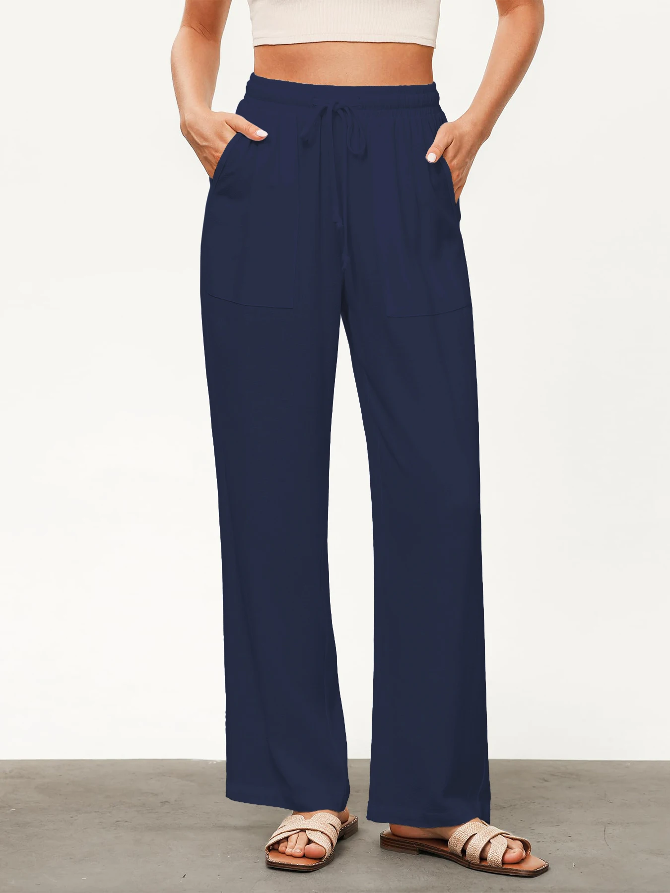 Einfarbige, lockere, weit geschnittene Hose für Damen, lässige, gerade Hose mit Kordelzug, lässige Hose mit Taschen, lockere Hose mit hoher Taille – Detail 12