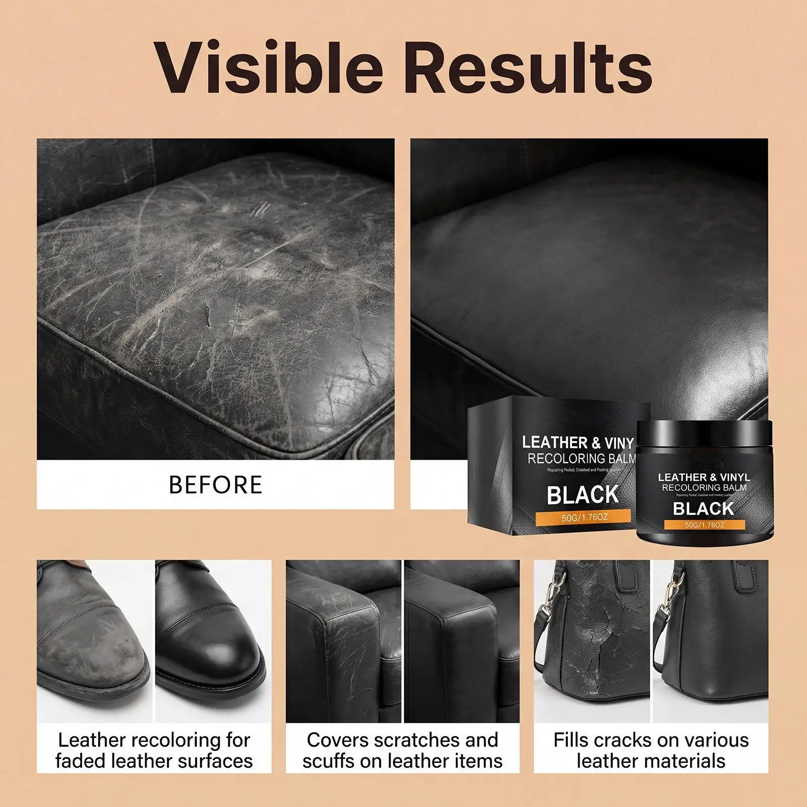 Leather Recoloring Balm 50g Long Lasting Coating Color Restorer & Conditioner for Car Interior Shoes Boots Purses Jackets Saddle view 6