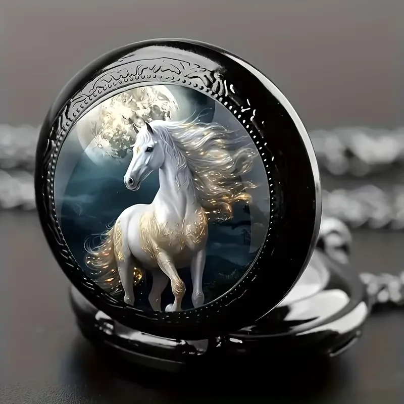 

1ps Color Prince Charming Quartz Pocket Watch with Chain, Couple Fashion Accessories, Trendy Flip Cover Pocket Watch