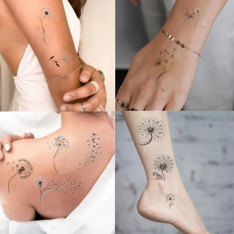 

10 Sheets/Set Black And White Series Dandelion Flower Tattoo Sticker Waterproof Decoration Arm Cheek Party Tattoo Sticker