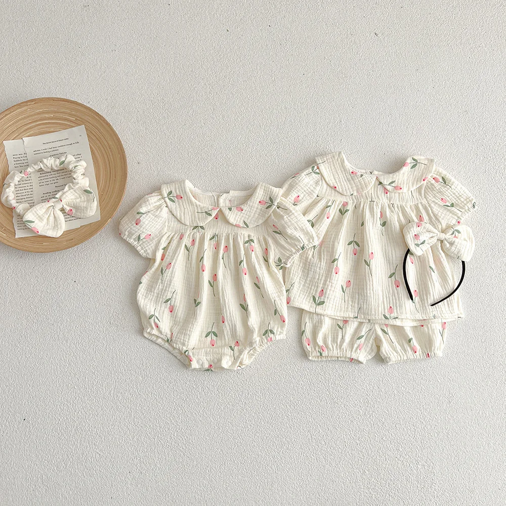 2026 Baby Short Sleeve Fart Suit Summer Jumpsuit Gauze Triangle Climbing Suit onesie Girls Tulip Set