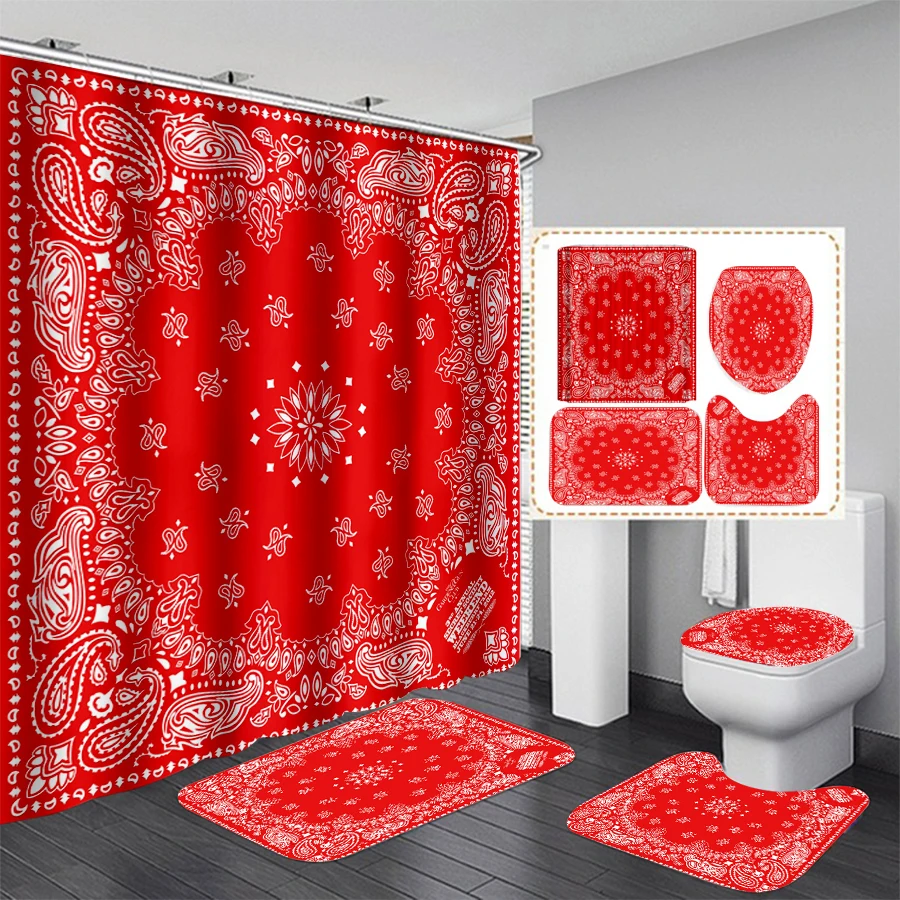 phechion Bandana Turban Art 3D Print Waterproof Bathroom Shower Curtain Toilet Cover Mat Non-Slip Floor Mat (1/3/4Pcs) W26