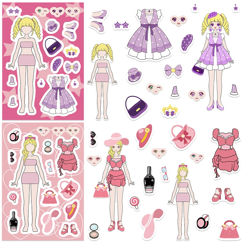 32Sheets Girl's Wardrobe DIY Puzzle Cartoon Dress Up Show Sticker Skate Guitar Fridge Laptop Scrapbook Kid Girl Toy Girl Sticker