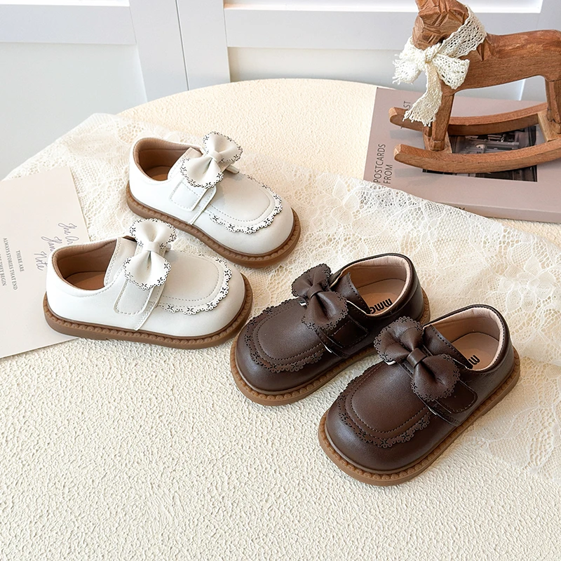 Spring Girl's Leather Shoes Bowknot Lace Hook-loop Cute Kid's Flat Shoe Solid Colors Anti-slip Lovely Versatile Children Shoe