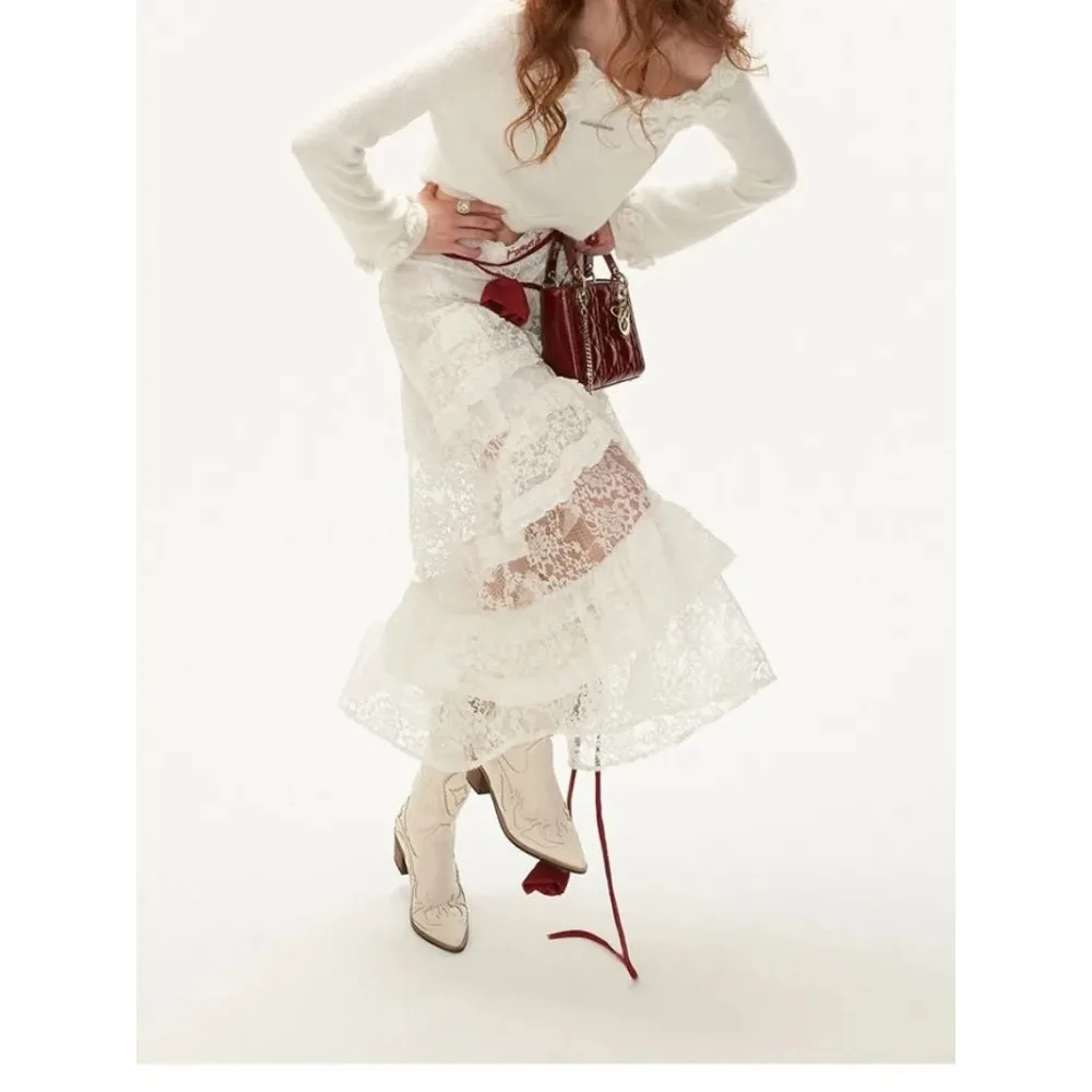 New American Lace MultiLayer Tulle Skirt Slim Design Spice White MidLength HighWaisted Halter Skirt Fashionablepieceforachiclook