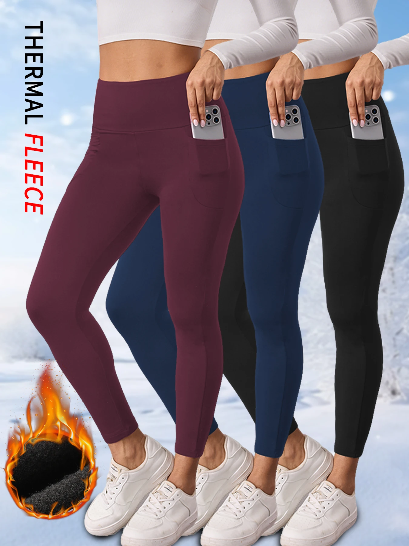 

3 pack Women's Winter Thermal Leggings with Pockets - High Waisted Fleece Lined Tummy Control Warm Tights for Workout Running