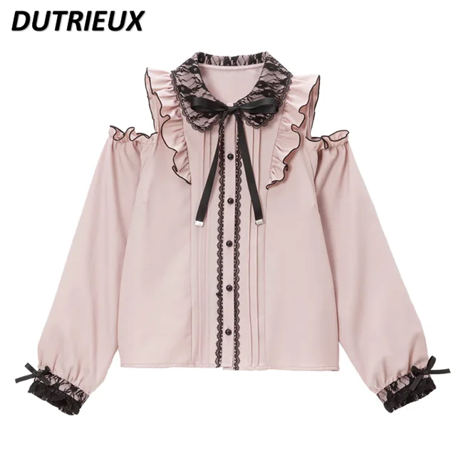 Sweet Girls Tops Customized Japanese Mine Shoulder-Baring Stringy Selvedge Long Sleeve Blouses Lace Bow Chiffon Shirt for Women