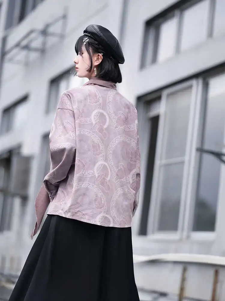

New Chinese Style National Style Han Elements Montage Collar Button Up Shirt Women Autumn Winter Printing Tops Long Sleeves Pink