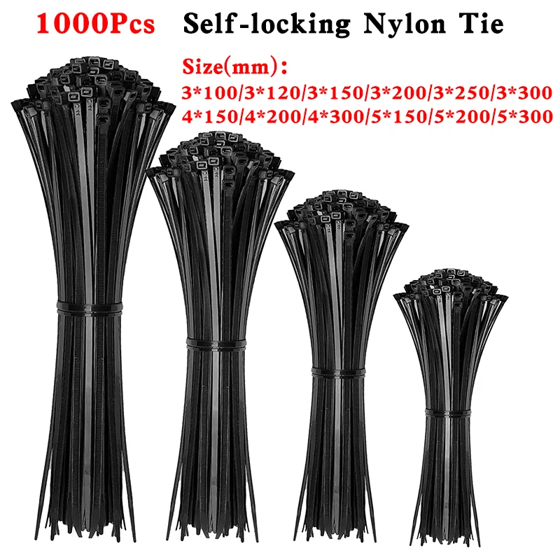 

1000Pcs Self-locking Plastic Nylon Cable Tie White/Black 3*100mm Cable Tie Fastening Ring 4*200mm Cable Tie Zip Wraps Strap Tie