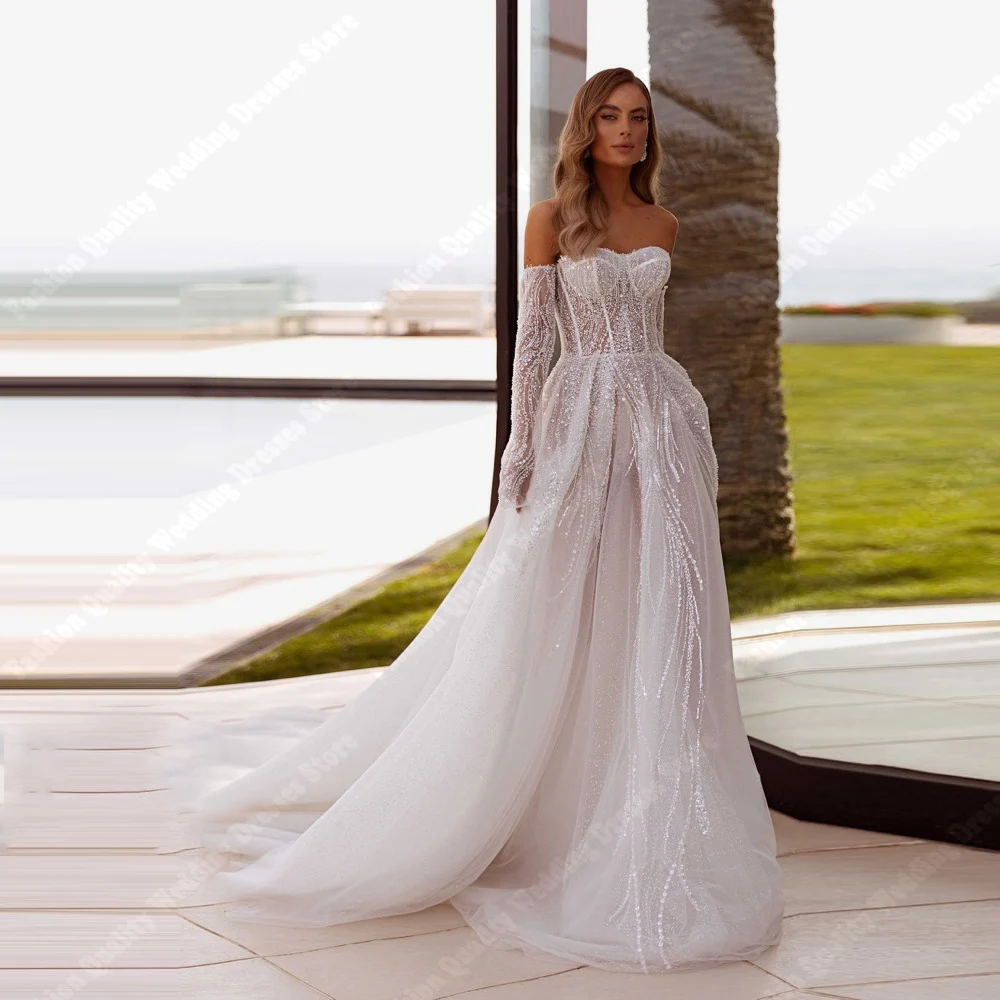 

Off The Shoulder Women Wedding Dresses Sexy A-Line Lace Print Bridal Gowns Mopping Length Banquet Vestidos De Novias Customized