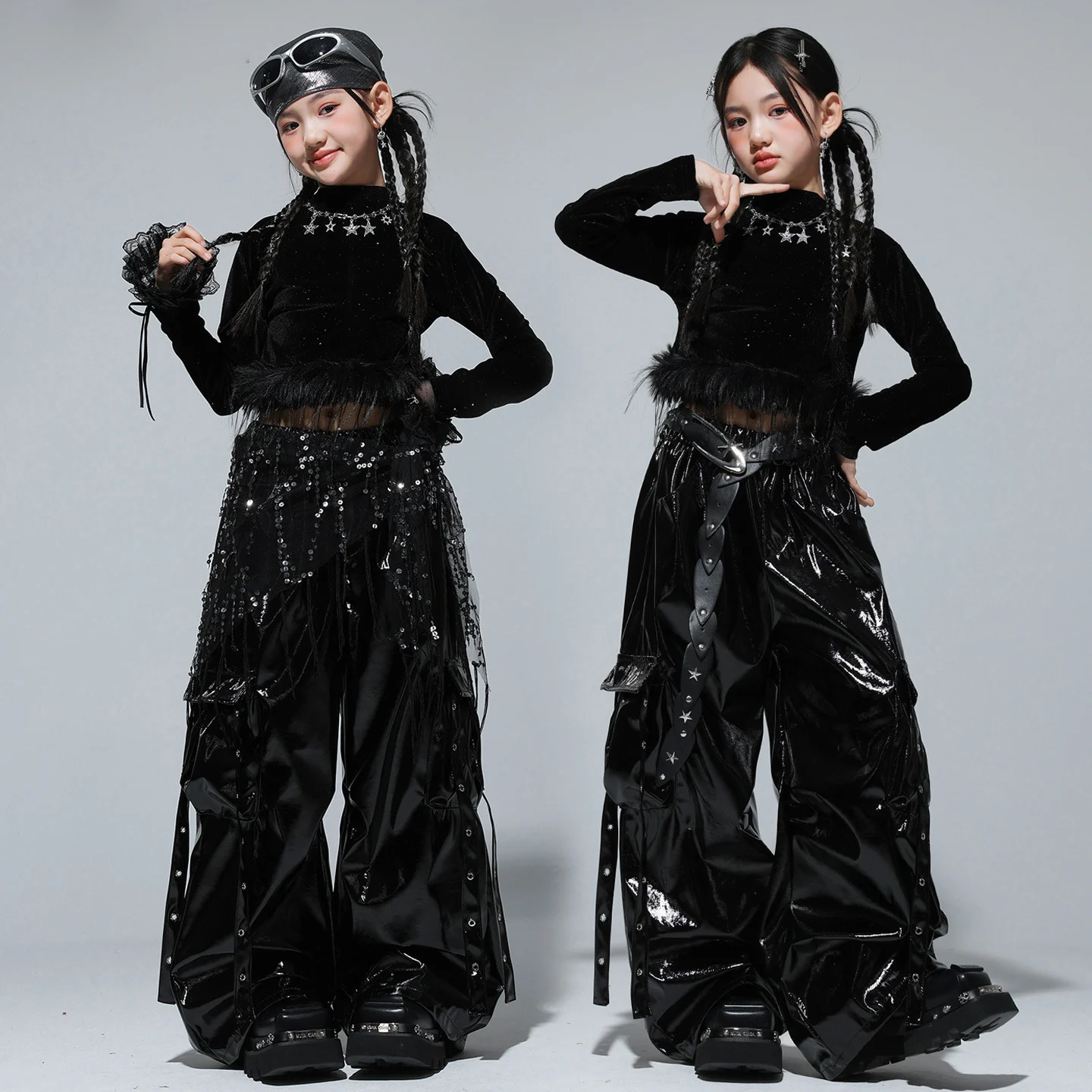 

Kid Kpop Hip Hop Clothing Black Velvet Fluffy Hem Crop T Shirt Top Faux Leather Strap Cargo Pants for Girl Dance Costume Clothes