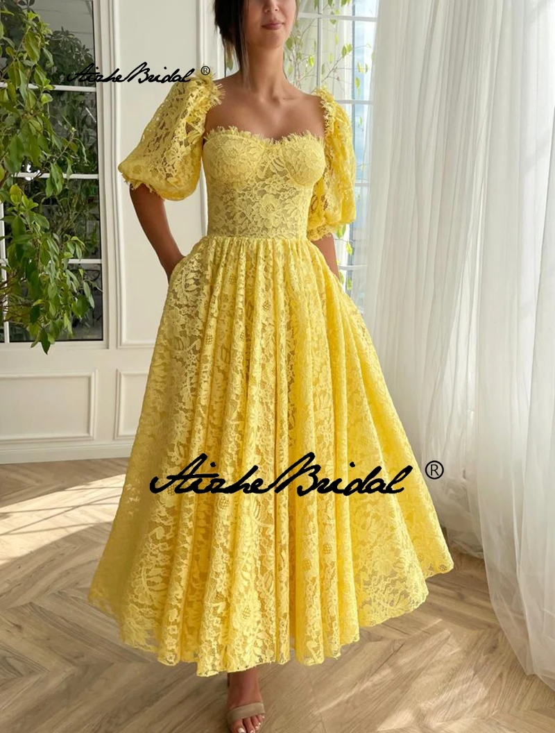 

Lovely Yellow Puff Half Sleeves A line Lace up Back Ankle Length Lace Formal Dress Prom Dress Evening