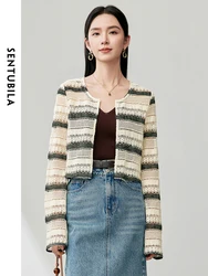 SENTUBILA Striped Hollow Out Cropped Cardigan Coat 2024 Spring Summer Round Neck Loose Long Sleeve Tops Woman Clothing 141W53798